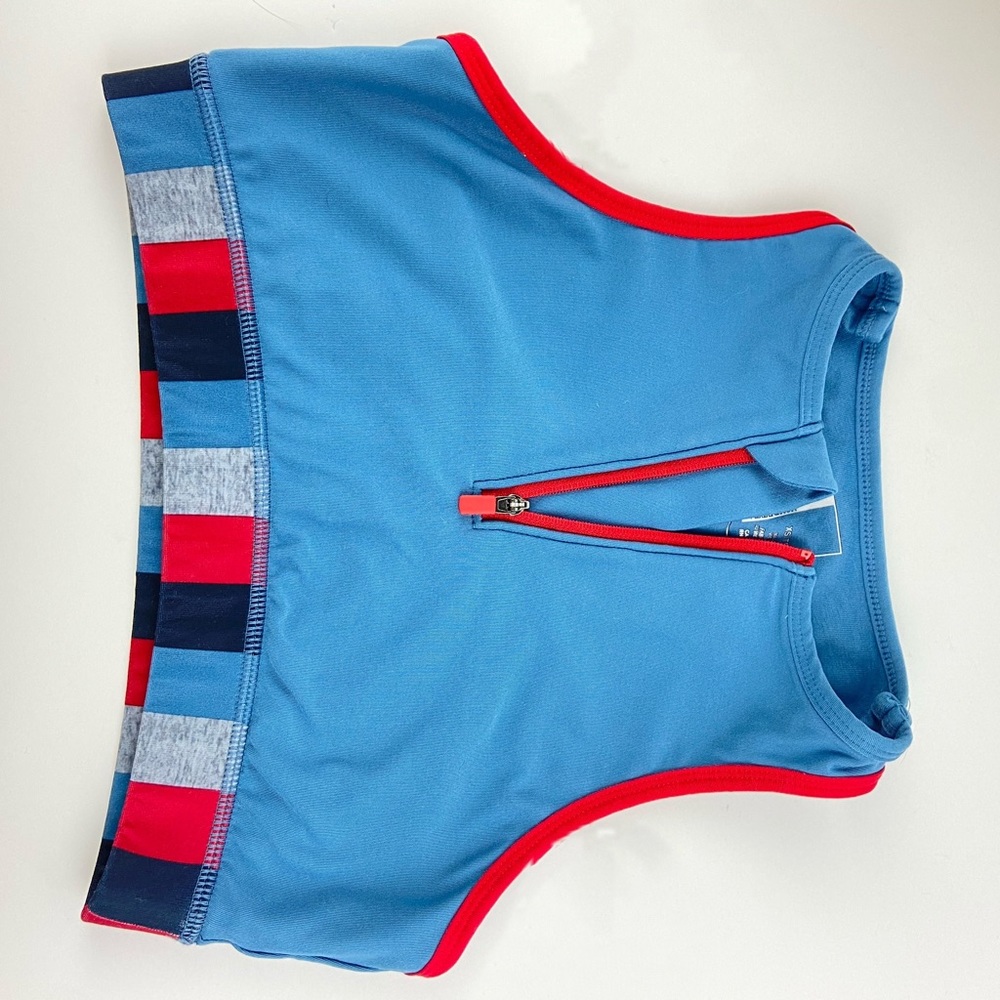 blue, red, and grey color block sports bra